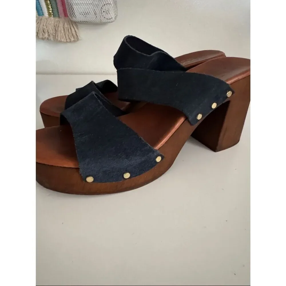 Avellini Platform clog sandal Suede Navy Made in Italy EUC